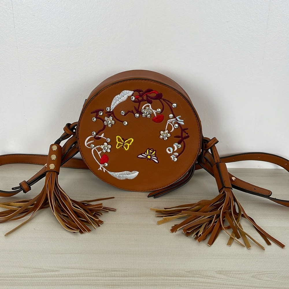 DS Hand Embroidered Round Sling Bag With Tassels Handbag Purse